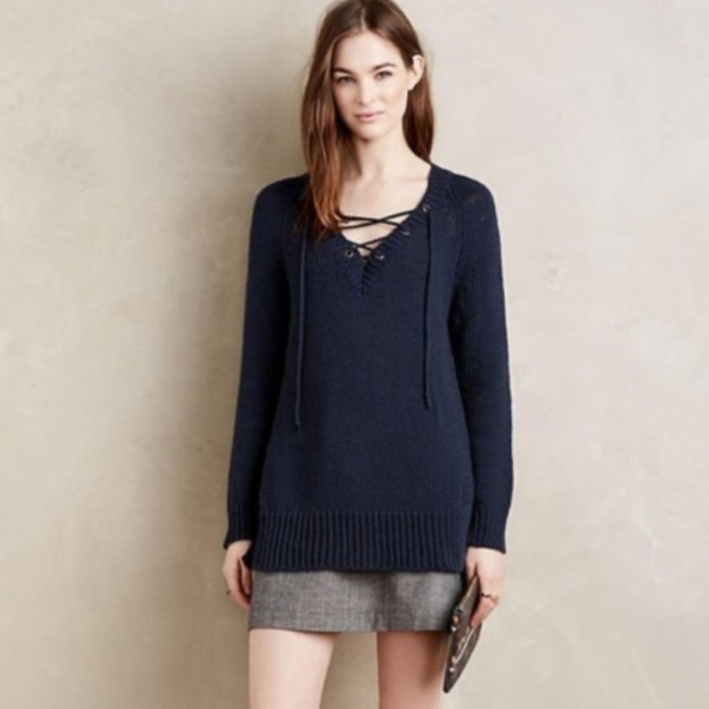 Anthropologie Moth Navy Blue Knit Lace Up Neckline Sweater